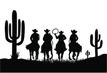 Cowboy riding a wild horse. Vector illustration American desert and cactuses isolated - 414956663