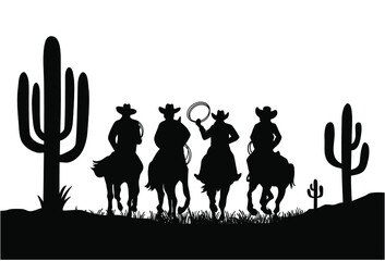 Cowboy riding a wild horse. Vector illustration American desert and cactuses isolated