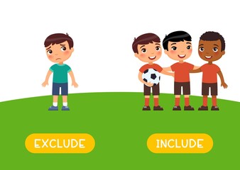 Exclude and include antonyms word card, Opposites concept. Flashcard for English language learning. International soccer team.