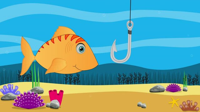 Seamless Looping Animation Of Colorful Fish With Fishing Hook