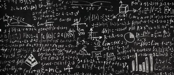 Foto op Canvas Blackboard inscribed with scientific formulas and calculations in physics and mathematics, background image © alesmunt
