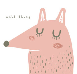 Wild Thing. Cute Dreamy Dusty Pink Fox Isolated on a White Background. Funny Hand Drawn Woodland Party Vector Illustration ideal for Kids Room Decoration, Card, Poster.