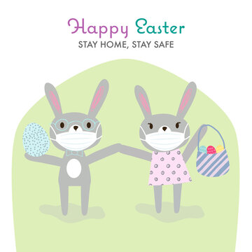 Funny cartoon grey rabbits with protective medical face mask holding basket with bright eggs. Happy easter stay home, stay safe, stay health greeting card on white background. Isolated, clip art.