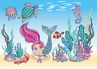 mermaid girl on underwater world with corals and fish waterturtle, seahorse background color