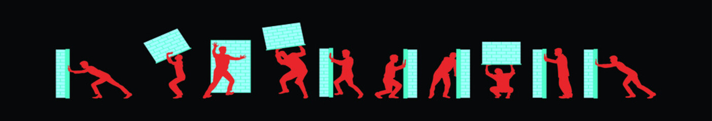 set of man pushing wall cartoon icon design template with various models. vector illustration isolated on black background