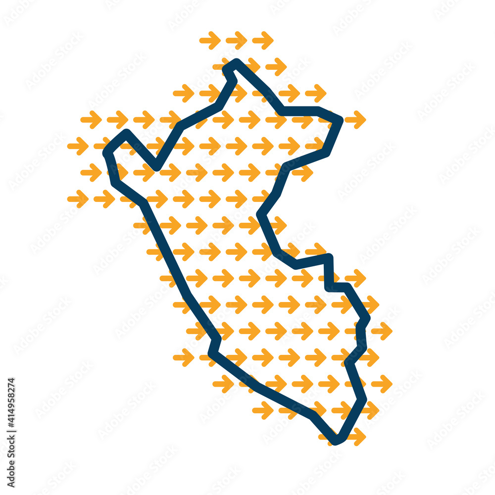 Poster peru simple outline map with yellow direction guide arrows.