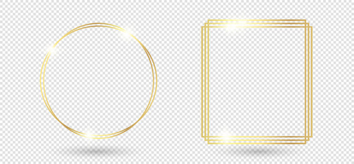 Gold shiny glowing frame with shadows isolated on transparent background. Golden luxury vintage realistic rectangle border. illustration - Vector