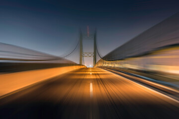 Night view of the Vincent Thomas Bridge with motion blur near San Pedro in Los Angeles, California....