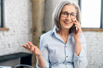 Smiling and positive senior businesswoman talking by the smartphone in the modern office. An...