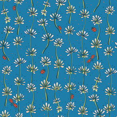 Fototapeta na wymiar Vector flowers and lady bugs on blue seamless pattern print background.