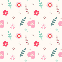Tender floral seamless pattern with flowers, leaves, branches and small details on a light background. Suitable for cards, wallpaper, paper, fabric