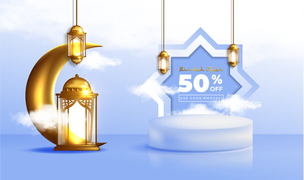 Realistic Ramadan Kareem sale Banner with 3D Podium and Discount Frame