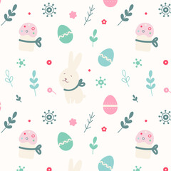 Easter seamless pattern with easter bunnies, eggs, cakes, flowers. Suitable for Easter cards, wallpaper, paper, fabric, interior decor  and others