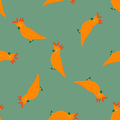Random contrast seamless pattern with bright orange cockatoo parrot silhouettes. Turquoise background.