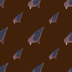 Zoo seamless pattern with flying purple birds ornament. Dark brown background. Simple design.