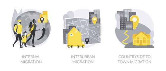 Movement of people abstract concept vector illustration set. Internal migration, metropolitan area, moving to cities, suburban district, migration from countryside, neighborhood abstract metaphor.