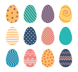 Set of easter eggs flat design on a white background. Simple vector illustration colorful flat design easter eggs with geometric pattern designs isolated on  a white background