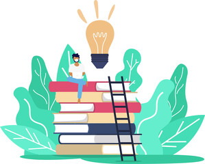 A man  wearing mask sitting over the tower of books while working or studying through online internet in covid19 corona virus outbreak situation, social distancing e learning online education