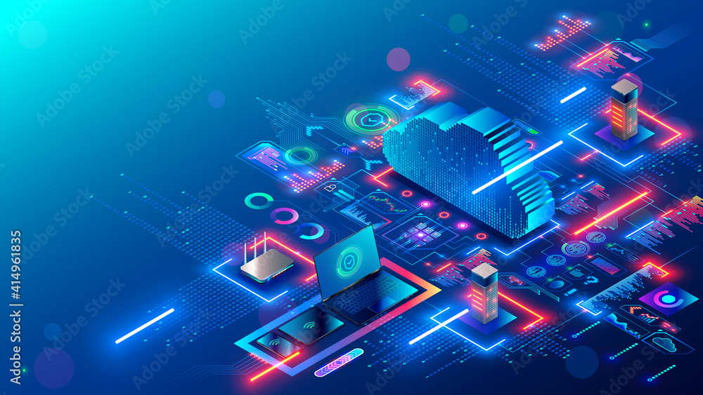 Poster Cloud technology. Cloud computing. Devices connected to digital storage in data center via internet. IOT. Smart home. Communication laptop, tablet, phone and domestic devices with online database.