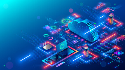 Cloud technology. Cloud computing. Devices connected to digital storage in data center via internet. IOT. Smart home. Communication laptop, tablet, phone and domestic devices with online database.