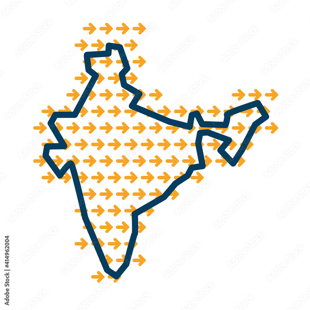 Poster india simple outline map with yellow direction guide arrows.