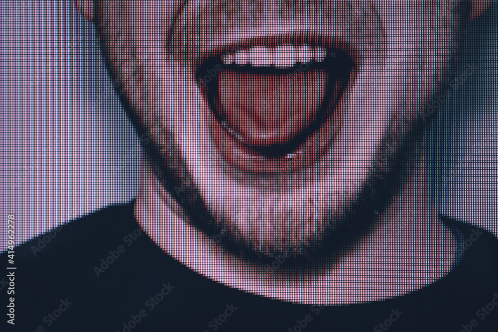 Poster young man shows a tongue close up. macro photography view. close-up of pixel.