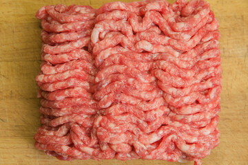 Close-up of ground beef on the background of the kitchen board