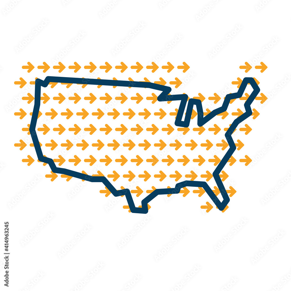 Poster usa simple outline map with yellow direction guide arrows.