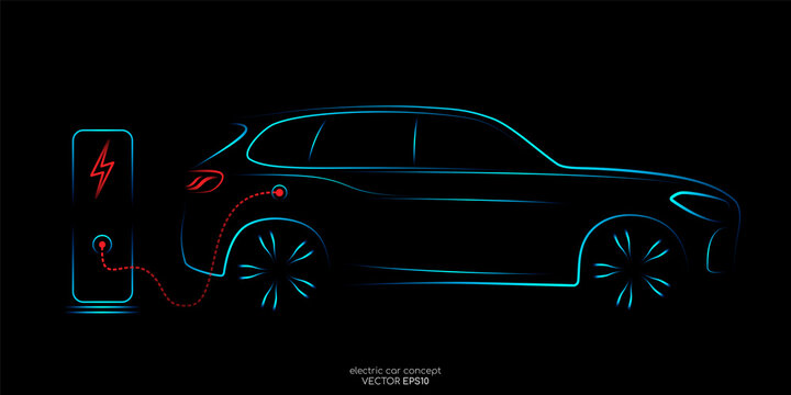 Electric SUV car with charging station by sketch line side view blue and red colors isolated on black background. Vector illustration.