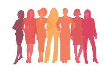 Business women in action, girl power colorful illustration, worker team silhouettes vectors