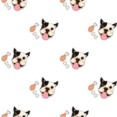 Hand drawn seamless pattern with French Bulldog face on white background 