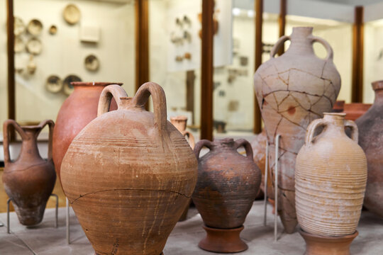 ancient greek amphorae in the interior of the museum of antiquity