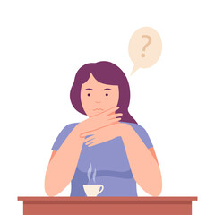 Female Sitting at Table Thinking and Considering of Something Vector Illustration