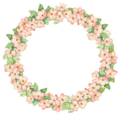 Hand drawn watercolor wreath with pink apple flowers. Spring garden composition with flowers and leaves. Frame for postcards, scrapbooking, posters, stationery, textiles, design and decoration.