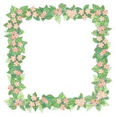 Hand drawn watercolor frame with pink apple flowers. Spring garden composition with flowers and leaves. Square border for postcards, scrapbooking, posters, stationery, textiles, design and decoration.
