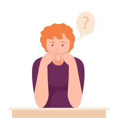 Female Sitting at Table with Pensive Face Expression Thinking and Considering of Something Vector Illustration
