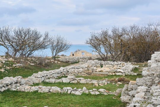 ruins of the ancient Greek city of Chersonesos on the seashore, overgrown with trees