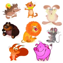 Fotobehang Set of eight  funny animals - mouse, pig,  rabbit, bear, hedgehog, cat, lion, squirrel © Андрей Сахалтуев