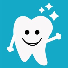 Happy clean white healthy tooth. Oral hygiene. Children's dental care. Shining stars effect with background. Flat design. Vector illustration.