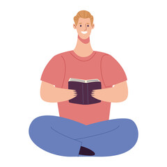 blond reader man reading book seated in lotus position character