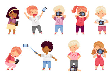 Cute Little Boy and Girl with Camera and Smartphone Taking Photo Vector Set