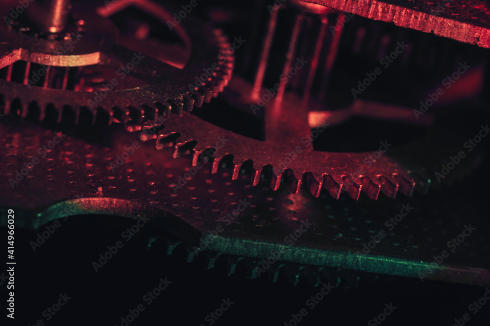 Aufkleber close up beautiful old gearsin neon light. minimalism retro style concept. background pattern for de