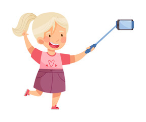 Smiling Blond Girl Holding Selfie Stick with Smartphone and Taking Photo Vector Illustration