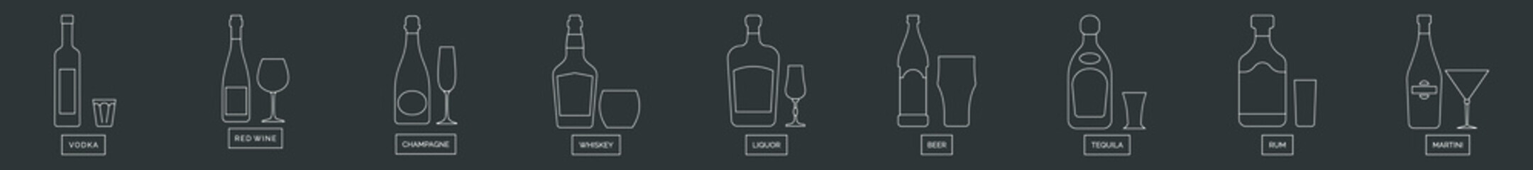 Bottle and glass vodka wine champagne whiskey liquor beer tequila rum martini line art in flat style. Alcoholic illustration on black background. Isolated contour element. Beverage outline icon.