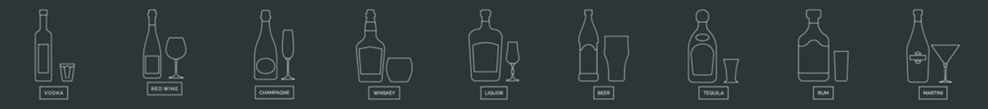 Bottle and glass vodka wine champagne whiskey liquor beer tequila rum martini line art in flat style. Alcoholic illustration on black background. Isolated contour element. Beverage outline icon.