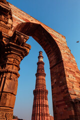 Qutub Minar a highest minaret in India standing 73 m tall tapering tower of five storeys made of red sandstone. It is UNESCO world heritage site at New Delhi, India