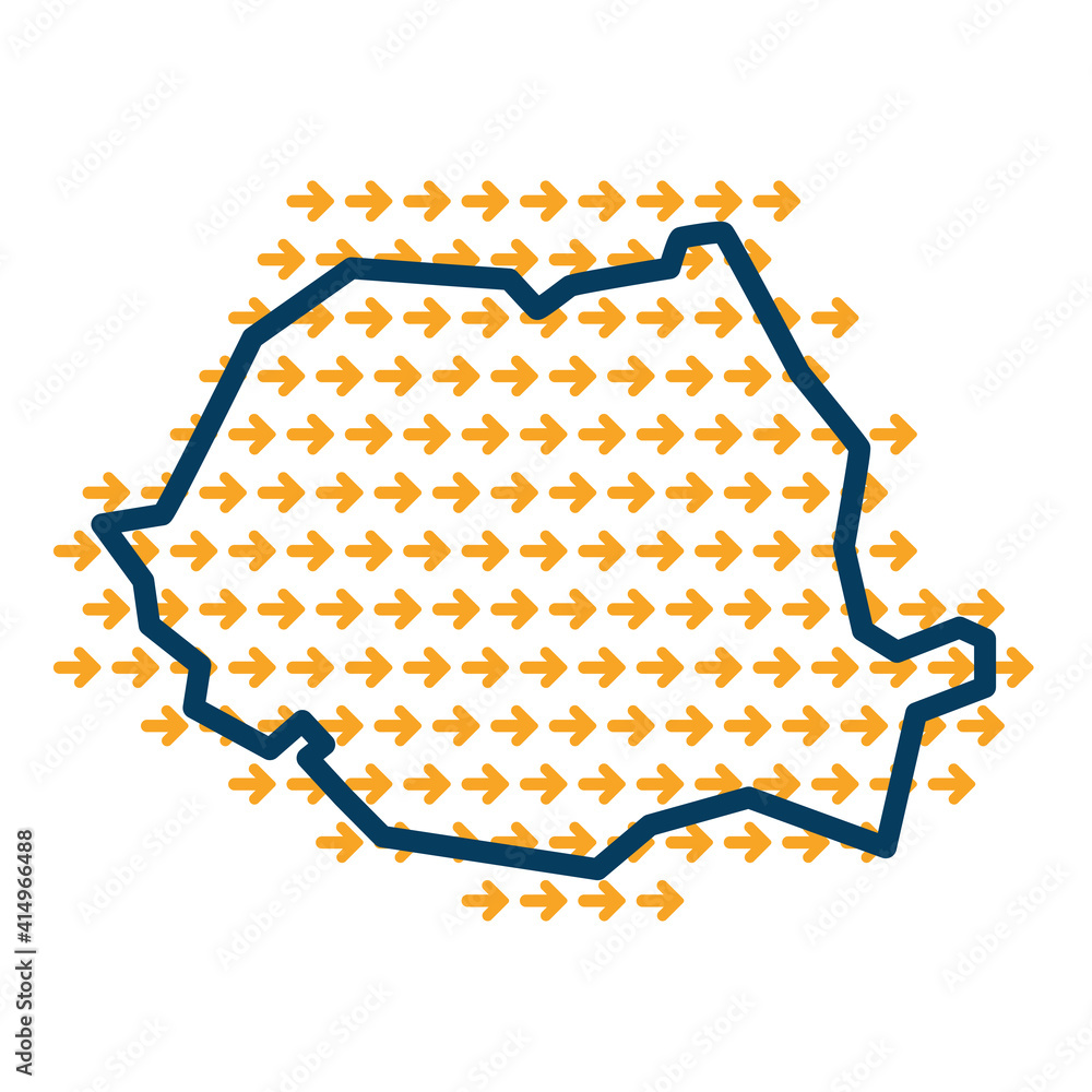 Poster romania simple outline map with yellow direction guide arrows.
