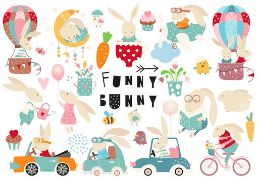 Cute bunny clip art - set of cartoon rabbits and spring design elements.  Bunnies, birds, cars, flowers. Easter elements isolated on white background. Vector illustration.