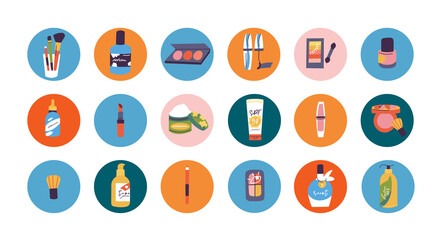 Vector set cosmetics icons for social media stories or avatar template. Face and body care cosmatics products. Cleansing, moisturizing, treating.