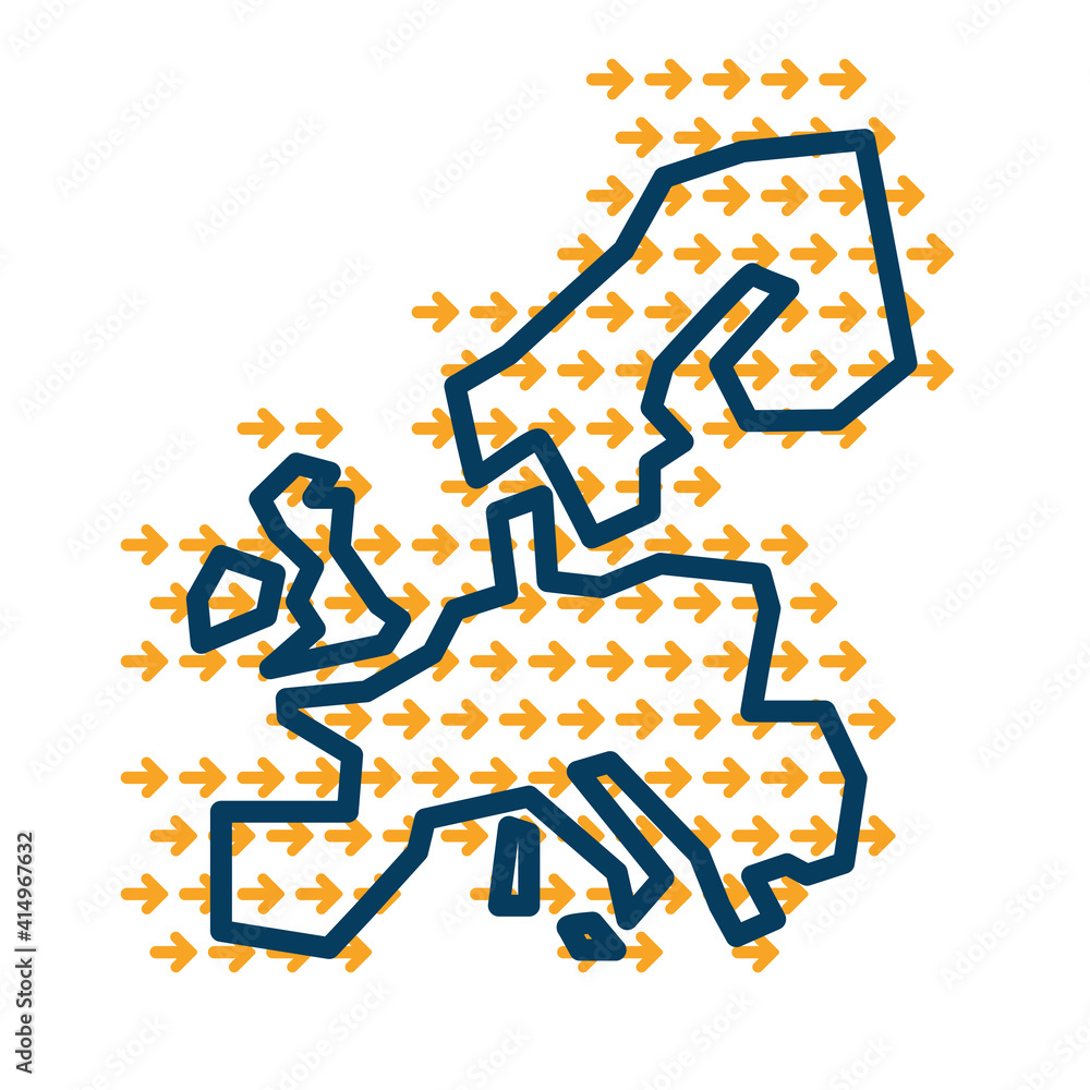 Poster europe simple outline map with yellow direction guide arrows.